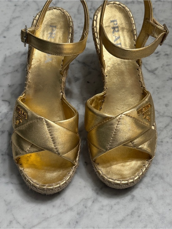Prada Shoes - Prada Metallic Gold Leather Espadrille Wedge Sandals